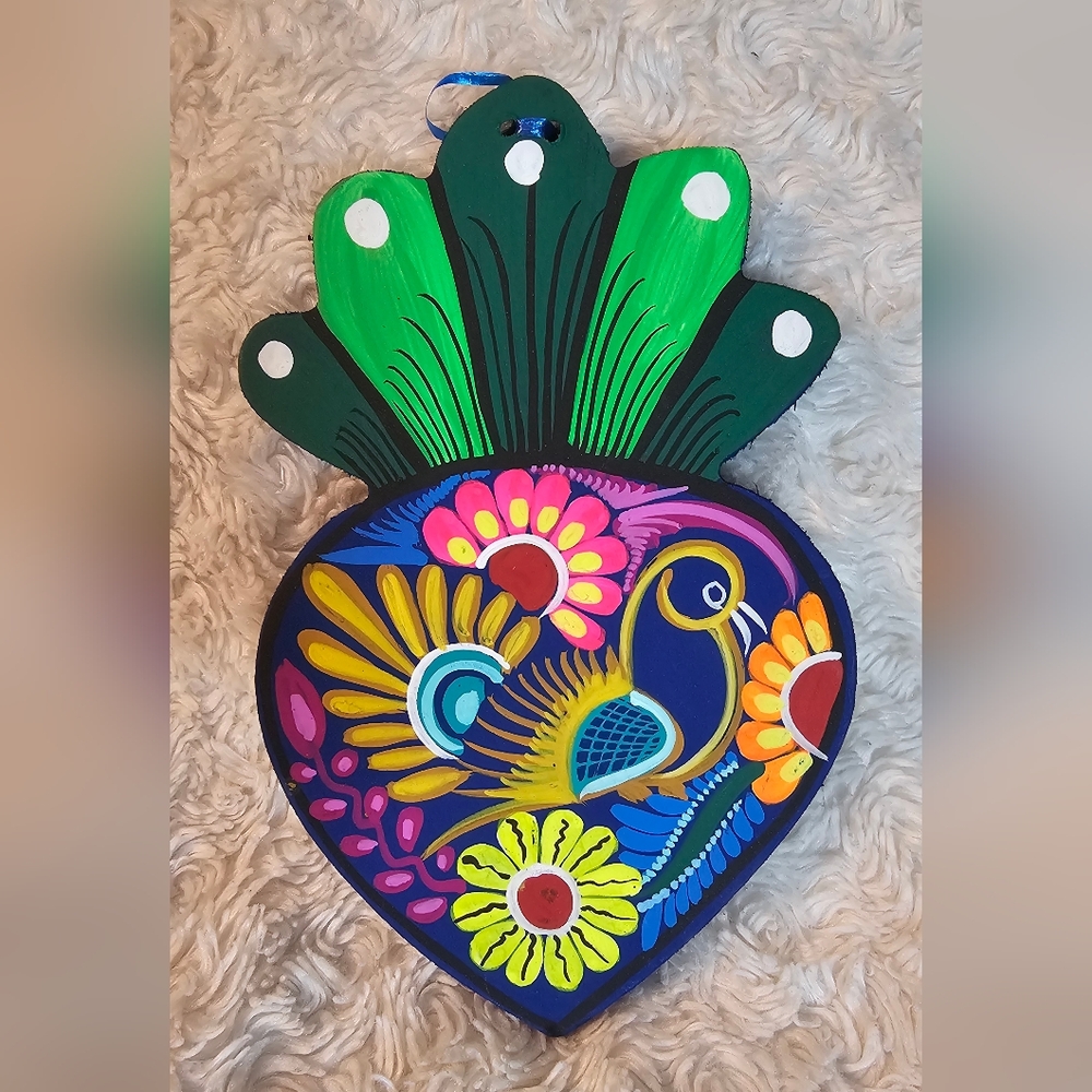Handpainted Heart Mexican Folklore Art Blue Bird New - Picture 1 of 3